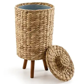 Tidita 1.5 Gallon Wicker Trash Can with Lid, Water Hyacinth Wicker Waste Basket for Bathroom - Decorative Bathroom Trash Can with Wooden Leg - Rattan Garbage Can with a Lid, Liner - Assembly Required