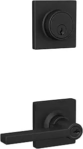 Straight Lever with Square Trim Keyed Entry Door Handle and Single Cylinder Deadbolt, Matte Black Finish