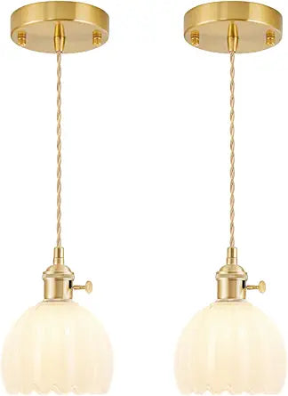 Mini Pendant Lights Kitchen island 2 Pack, Small Adjustable Pendant Light Fixture with Milk White Tulip Glass Lampshade, Vintage Gold Pendant Lighting, Pendant Light for Bedroom Dining Room Hallway