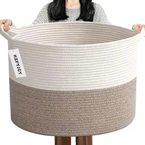 115L Extra Large Blanket Basket,Woven Rope Laundry Basket Hamper with Handles, Decorative Nursery Basket Storage Bin for Toys, Clothes Organizer, Living Room, Bedroom, Bathroom, White & Brown