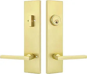Goldenwarm Gold Front Door Handle and Deadbolt Set, Brushed Gold Heavy-Duty Zinc Alloy Exterior Door Lock Set, Keyed Alike Modern Reversible Lever, 1-Pack