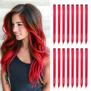 Red Hair Extensions, 16 Pcs Colorful Clip in Hair Extensions Synthetic, 22 inch Rainbow Hairpieces for Girls Women Favor Gift & Cosplay Dress Up Fashion Party Birthday (Red Hair)