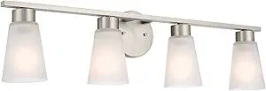 Kichler Stamos 4-Light Bathroom Vanity Light Fixture with Satin Etched Glass Shades, 26 in Modern Wall Light in Brushed Nickel for Bathroom Mirror (26 in x 8 in x 5 in), 55122NI