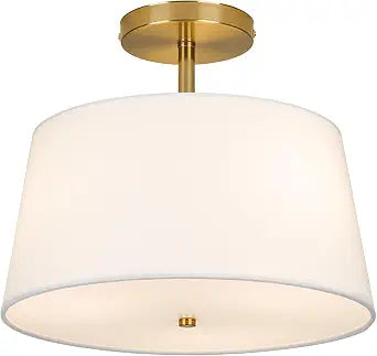 CALOKES Modern Cone-Shaped Semi Flush Mount Ceiling Light Fixture, 3-Light Drum Lamp with Gold Brass Finish and White Fabric Shade for Bedroom, Kitchen, Dining Room, Hallway, Entryway, and Foyer