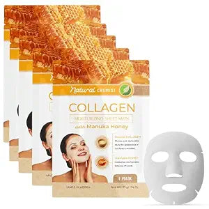 Natural Chemist Collagen & Manuka Honey Sheet Face Mask - Anti-Aging, Hydrating, Skin Firming, Reduces Fine Lines, Dermatologist Tested, Cruelty Free Korean Skin Care For All Skin Types - 5 Masks