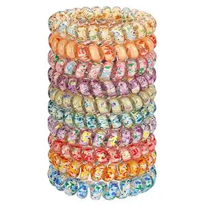 JessLab Spiral Hair Ties for Ladies, 10-Pack Elastic Cute Plastic Coil Bands, No-Damage Accessory for Women and Children with Thick or Thinning Hair, Silkscreen Floral Print
