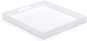 White Acrylic Ottoman Tray with Cutout Handles 24x24 Inch Over-Sized Serving Tray Rubber Boot Organizer Decorative Tray for Living Room, Bedroom,Bathroom Entryway and Kitchen Tabletop