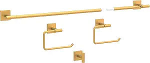 Franklin Brass Nash 4-Piece Bathroom Set Satin Gold 18" Towel Bar Rack w/ 6" Extender, Toilet Paper Holder, Hand Towel Holder, Hook | Bathroom Accessory Set Towel Holder Hardware NASH64-SG