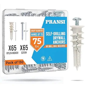 130pcs Self Drilling Drywall Anchors and Screws Kit | #8 x 1-1/4 Drywall Screws and Anchors for Sheetrock | No Pre-Drill Required | Dry Wall Anchors for Drywall Heavy Duty | Holds Up to 75lbs