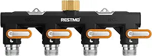 Restmo Garden Hose Splitter 4 Way Heavy Duty Brass with Long Handle & Shutoff Valves, Universal 3/4 Inch GHT for Outdoor Faucet, Garden, Back Yard, RV Use, Orange, 1 Pack