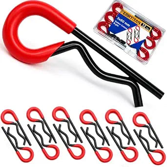 12 Pcs Rubber-Coated R Clips M3x60, Heavy Duty 70# Spring Steel Cotter Pins Hairpin Retaining Pin R-Shaped Lock Clip, Black Zinc Plated R-Pin with Red Grip, for Trailer Hitch Lawn Mower Tractor Truck