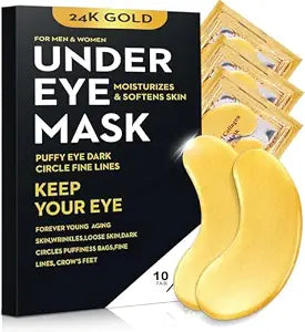 20Pcs/10Pairs Under Eye Patches Gold for Dark Circles, Puffy Eyes, and Wrinkles, 24K Gold Eye Mask for Face, Eye Cream for Men and Women