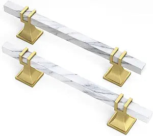 homdiy 25 Pack 5 Inch Marble Cabinet Pulls, White Marble Grain Kitchen Cabinet Handles Gold and White Dresser Drawer Pulls