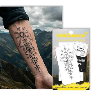 Semi-Permanent Tattoo, Vegvï¿½ï¿½sir Bindrune, Viking Compass, Long Lasting Temporary Tattoos for Men, Waterproof Plant-Based Ink, Lasts 1-2 Weeks, Color Develops in 24 Hours 