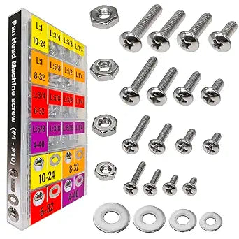EEEEE 725pcs Phillips Pan Head SAE #4#6#8#10 Machine Screw Assortment Kit Assorted Screws 304 Stainless Steel and Nut Set Flat Washers Nuts Hardware with Snap Lock Case