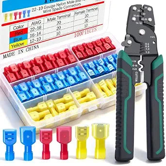 Twidec/100PCS Nylon Spade Connectors Kit 22-10 Gauge Quick Disconnect Fully Insulated Male and Female Wire Spade Terminal Assortment Kit and Wire Crimper Tool with Stripper Cutter