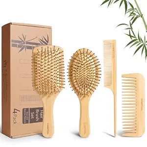 DEBETOOL Bamboo Hair Brush Set with Wide-tooth and Tail Comb