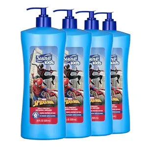 Suave Kids Marvel Spiderman 3 in 1 Shampoo, Conditioner, Body Wash, Fresh Spider Sense, Tear-Free & Gentle, Dermatologist Tested, 4 Count, 28 FL OZ Pump
