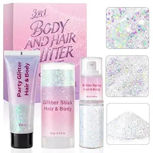 3-in-1 Body Face Hair Glitter Set, Sparkling White Glitter Gel & Glitter Stick & Glitter Spray, Waterproof Women Makeup for Halloween Concert Festival Rave Accessories