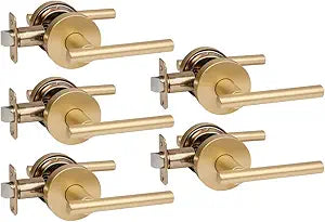 Kain Design Satin Brass Passage Euro Door Lever Hardware (Hall and Closet), 5 Pack