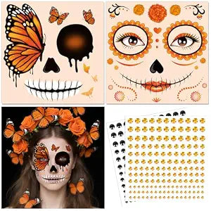 HOWAF Day of the Dead Face Tattoos, Orange Dia De Los Muertos Face Tattoo 2 Marigold Flowers Butterfly Face Temporary Tattoos with 2 Sheets Jewels Sticker for Dia De Los Muertos Costume Accessories