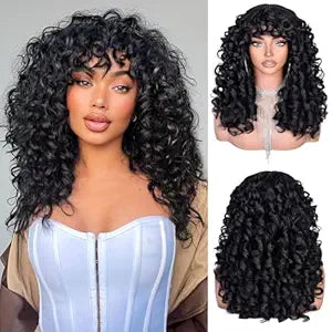 RunM Curly Wig with Bangs for Black Women Black Long Curly Afro Wig