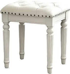 Vanity Stool with White Faux Leather Cushion, Small Vanity Bench-Tufted Leatherette Seat with Nailhead Trim & Button-Tufted Design,Solid Wood Legs with Carved Detail, Backless Makeup Stool for Bedroom