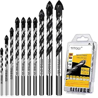 10-Piece Masonry Drill Bit Set & Concrete Drill Bit Set, 7 Sizes, 1/8"-1/2"