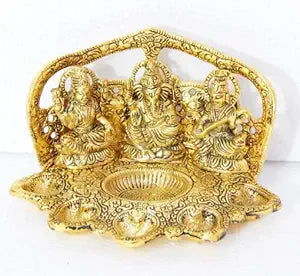 Ganesh, Laxmi & Sarasvati Statue  White Metal with Gold Polish (8.5 Inches)