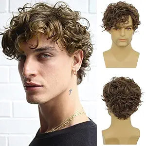 Tseses Short Brown Wigs for Men Curly Layered Natural Looking Side Part Hair Heat Resistant Halloween Synthetic Wigs with Wig Cap (Brown)