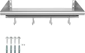 Skyflame 12" x 24" Stainless Steel Shelf Wall Mounted, Wall Shelf Rack with 4 Hooks for for Kitchen, Bathroom and Living Room Storage Hanging