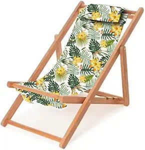 Childrens Vintage Sun Lounger Sling Chair | Wooden Frame with Canvas Fabric | Outdoor Folding Deck Chair for Kids Ages 5+ | Portable & Lightweight for Backyard, Poolside, or Beach (Tropical Bloom)