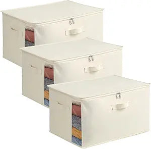 3-Pack Large Canvas Comforter Storage Bags for Clothes Sweater Clothes Organizer with Dual Zipper Three Carrying Handles for Blanket Closet Storage Container