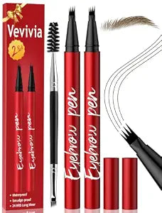 Vevivia 2 Pack Eyebrow Pen with Brush, Hair Like Natural Brows, Dark Brown