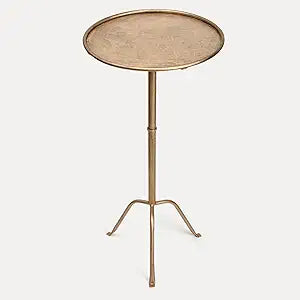 Metal Martini Side Table, Antique Brass  Compact Art Deco Design, Raised Edge, Easy Assembly, 12.5" Diameter, 27.5" Height, Stylish and Functional Cocktail Table