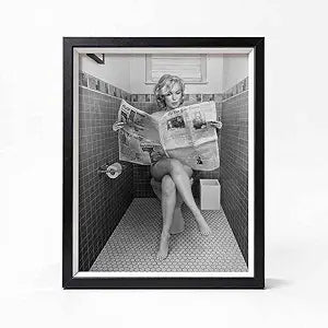 Marilyn Monroe Funny Bathroom Wall Art  Framed Black and White Vintage Style Print  Classic Hollywood Humor for Restroom, Vanity or Powder Room Decor