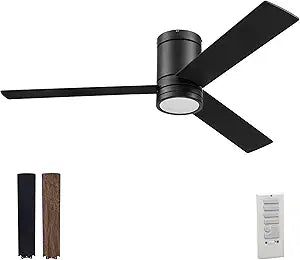 Prominence Home Espy Modern 52 Inch Ceiling Fan with Light, LED, Remote Control, Flush Mount Indoor Fan with 3 Blades, Matte Black and Honey Birch Blade Finish Options, Matte Black (51464-01)