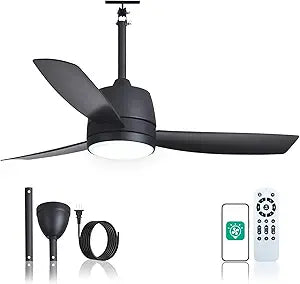 Orison 42" Outdoor Ceiling Fan with Light, 3-Blade Black Patio Fan, Plug-in with Hook Mount, IP44 Waterproof, 6 Speeds Quiet DC Motor, Remote & App Control, Dimmable LED, Reversible