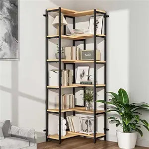 6 Tier Corner Shelf/Bookshelf, Deformable L Shaped Bookcase, Modern Tall Storage Display Rack with Sturdy Metal Frame for Home Office (Light Natural Wood Color)