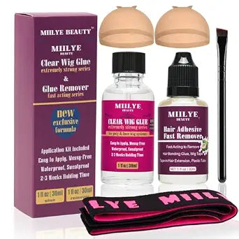 Clear Wig Bond Glue 1oz/30ml With Band, Caps |Swimming Allowed| Waterproof for Front Lace, Extremely Strong Hold, Install Kits (1oz Glue+1oz Remover)