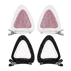 4Pcs Glitter Cat Ears Hair Clips for Girls Women, White Pink Black