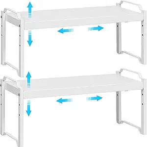 2 Pack Stackable Expandable Shelves For Kitchen Cabinet Countertop Storage, Adjustable Counter Cupboard Pantry Organizer Shelf Rack Stand, Length:25.5 Inch