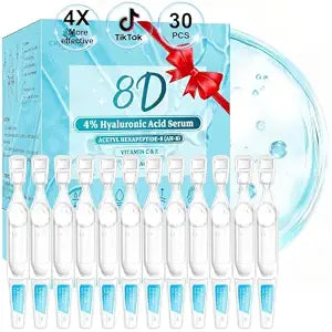 4% Hyaluronic Acid Serum for Face, 8D Hyaluronic Acid Ultra Hydrating Anti-Aging Serum with 20,000ppm Acetyl Hexapeptide-8, Korean Skincare Single-Use Ampoule for Dry & Sensitive Skin, 30pcs