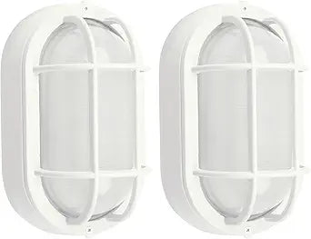 8.5" Outdoor Wall Lights, Oval Bulkhead Wall Light Fixture 2 Pack, Outdoor Bulkhead Sconce Flush Mount for Wall/Ceiling, Sauna & Exterior Lighting, White Aluminum & Glass, E26 Base, 60W 3000K