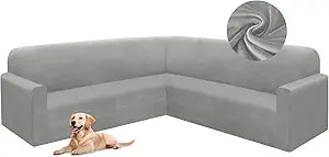 HDCAXKJ Corner Sectional Couch Covers Velvet Stretch L Shape Sofa Cover Soft Thick Sectional Slipcovers Set U Shaped Living Room Non Slip Magic Furniture Protector for Pet Dogs (Light Gray, X-Large)