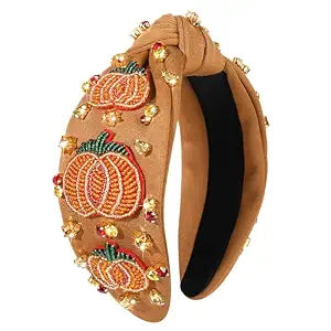 Thanksgiving Fall Headband for Women Thanksgiving Accessories Beaded Turkey Maple Leaf Pumpkin Knotted Headband Embellished Jeweled Rhinestone Pearl Top Knot Hairband Autumn Fall Outfit Holiday Gifts