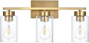 3-Light Bathroom Vanity Light, Modern Brushed Gold Wall Lights with Clear Glass Shades, Bathroom Wall Sconce Lamp for Mirror Living Room Bedroom Hallway