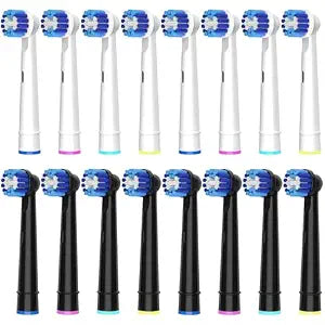 16 Pack Precision Replacement Brush Heads Compatible with Oral B Braun Electric Toothbrush. 8pcs White and 8pcs Black.