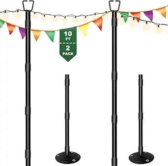 10Ft String Light Poles for Outside - 2 Pack Adjustable Metal Poles for Outdoor String Lights, Rustproof & Sturdy Light Stand Posts for Patio, Backyard, Deck, Garden, Party Decorations