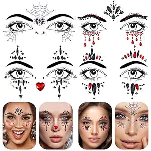 4 Sheets Halloween Face Gems Stick On, Self Adhesive Face Jewels Rhinestone Crystals Stickers Eyes Body Temporary Tattoos for Halloween Festival Carnival Party Decoration